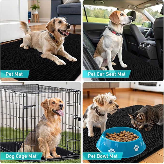 OLANLY Dog Door Mat Set 2-Piece 36x24, Absorbs Moisture and Dirt, Absorbent Non-Slip Washable Doormat, Quick Dry Chenille Mud Mat for Dogs, Entry Indoor Entryway Carpet for Inside Floor, Black