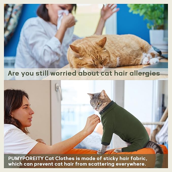 PUMYPOREITY Sticky Cat Clothes - Soft Cat Sweaters & Pajamas for Recovery & Hair Loss Prevention, Green, XS