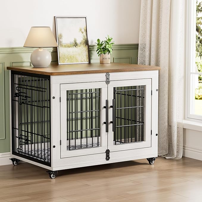 Lulive Dog Crate Furniture for Medium Dogs, 32'' Dog Kennel Indoor with Cushion & Wheels Wooden Dog Cage Double Doors Dog Crate End Table, White