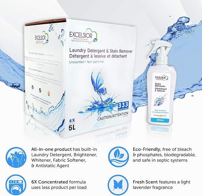 Excelsior - HE Laundry Detergent with Natural Stain Remover for 333 Loads of Unscented - 5 Liter Eco-Friendly (1 Pack)
