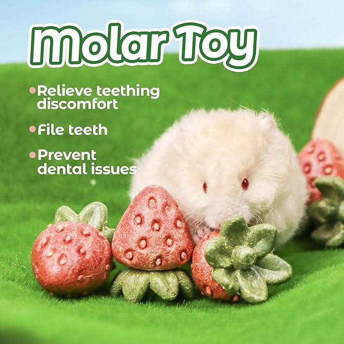 TEEWY Guinea Pig Toys, 4PCS Strawberry Shaped Hamster Toys, Natural Guinea Pig Chew Toys for Teeth Grinding, for Hamster, Gerbil, Chinchilla, Rat