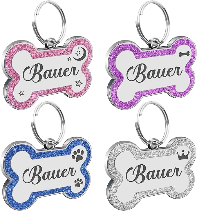 Dog Tags Personalized for Pets Dog Name Tags Personalized Dog Tag Engraved with Any Name & Text Custom Dog ID Tags Glitter Bone ID Tag for Puppy Cat (Pink S, Bone)