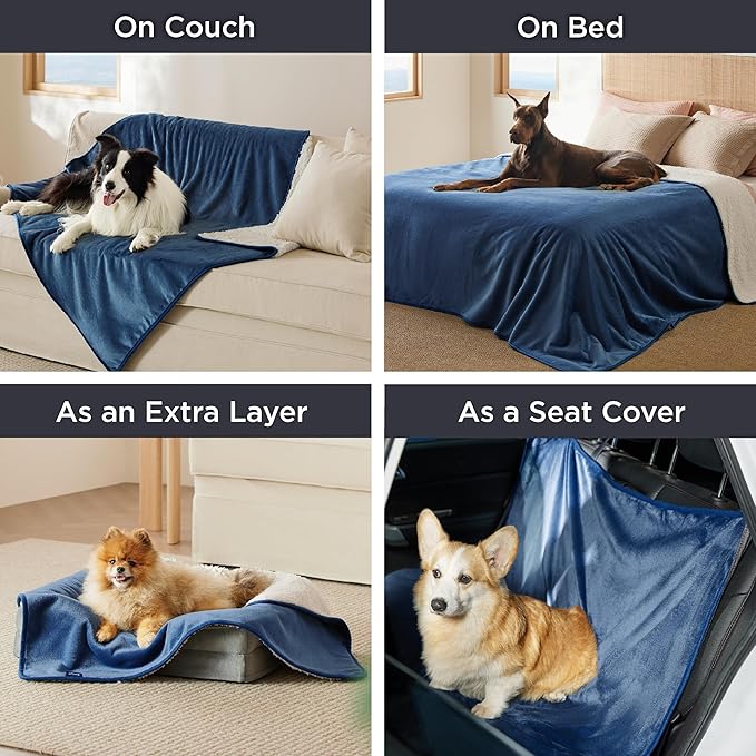 Bedsure Waterproof Blanket for Bed - Sherpa Fleece Waterproof Dog Blankets for Large Dogs, Pet Blankets for Bed/Couch/Dog Crate, Soft Plush Reversible Furniture Protector, Queen Size, 90"x86", Blue