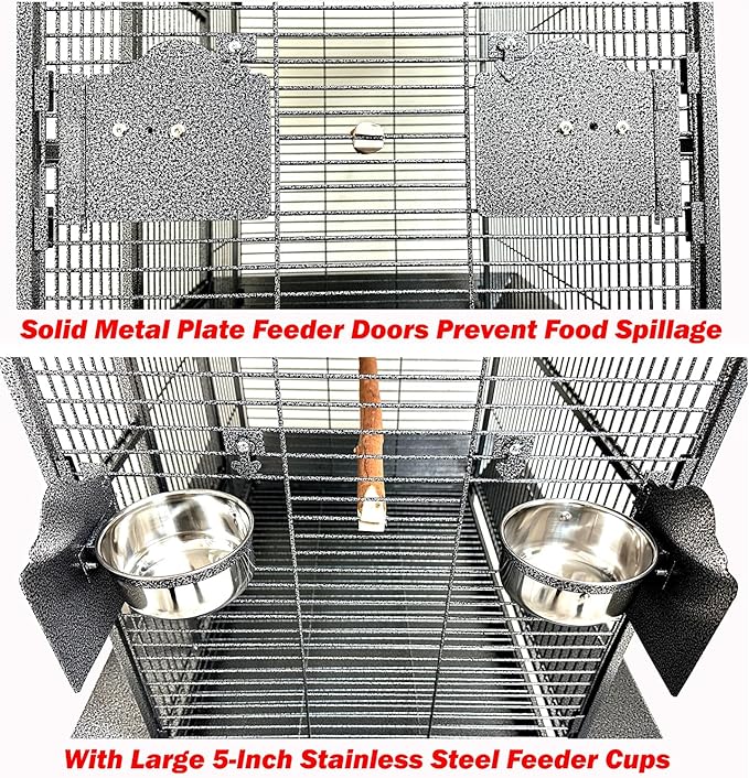 Large Elegant and Durable Wrought Iron Play Ground Perch Stand Top Climbing Ladder Bird Parrot Rolling Metal Cage with Around Seed Guard Storage Shelf On Heavy Duty Lockable Rolling Wheels