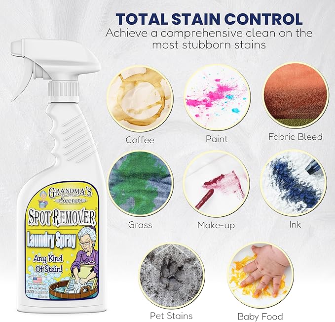 Grandma's Secret Spot Remover Laundry Spray - Chlorine, Bleach and Toxin-Free Fabric Stain Remover for Clothes - Removes Oil, Paint, Blood and Pet Stains - 16 Oz, 2 Pack