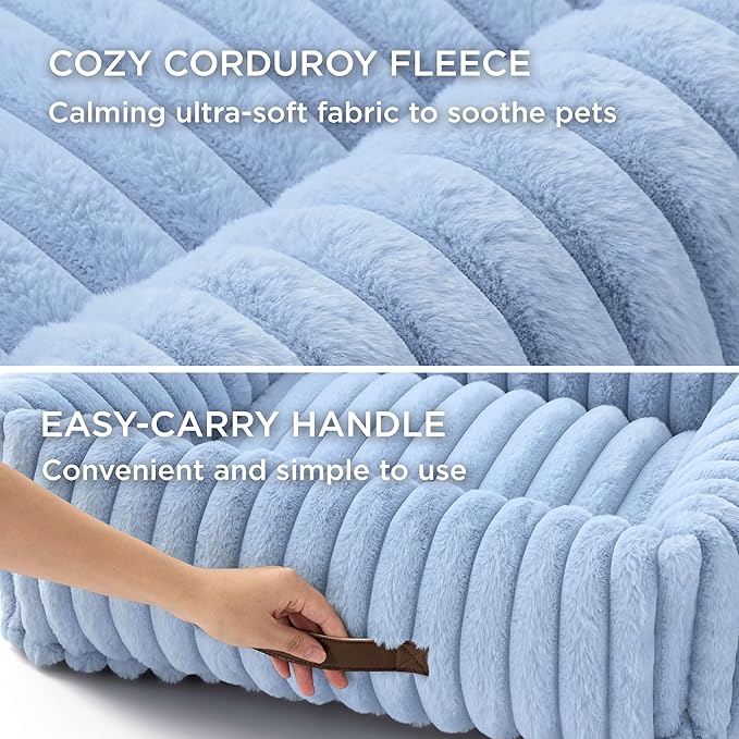Bedsure Washable Dog Bed for Medium Dogs - Cute Furry Puppy Beds, Rectangle Orthopedic Corduroy Fleece Pet Beds with Removable Zipper Cover, 20x19x6inches, Blue