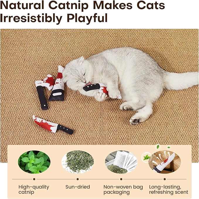 Potaroma 4Pcs Cat Toys, Horror Halloween Knife-Shaped Kitten Catnip Crinkly Sound Toys, Indoor Exercise for All Cat Breeds 6.5 Inches
