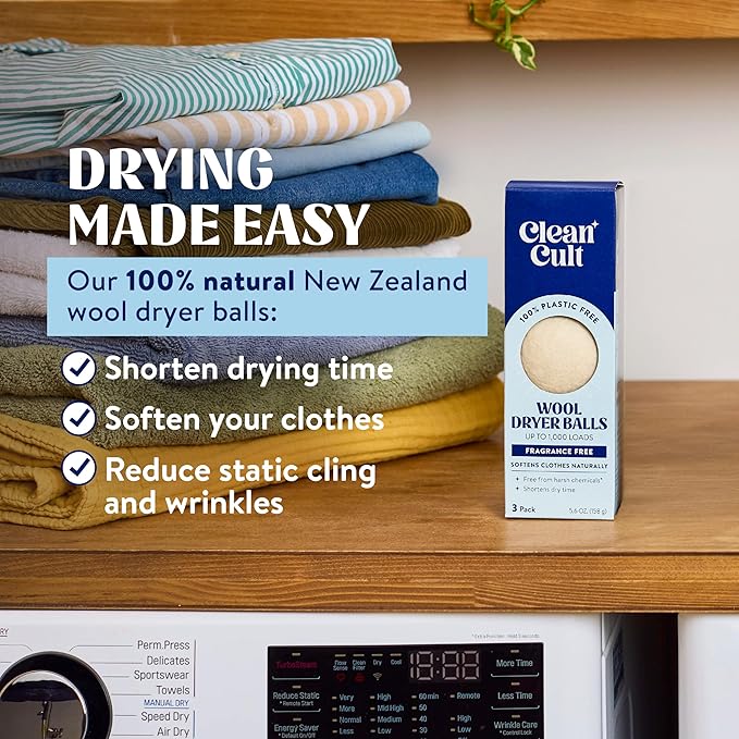 Cleancult Wool Dryer Balls (3 Count) - Made from 100% New Zealand Wool - Biodegradable Dryer Balls - Shorten Dry Times, Soften Clothes, and Stop Static Cling - Lasts up to 1000 Loads