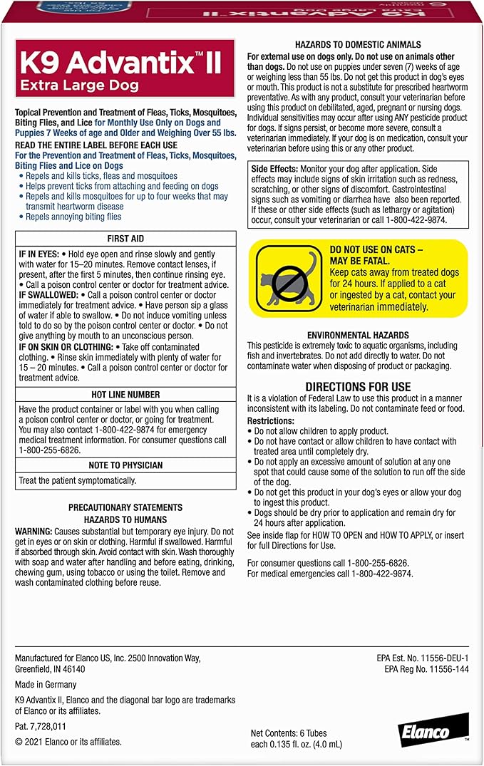 K9 Advantix II XL Dog Vet-Recommended Flea, Tick & Mosquito Treatment & Prevention | Dogs Over 55 lbs. | 6-Mo Supply (Pack of 2)