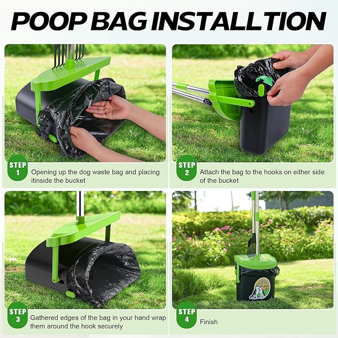 UPSKY Dog Pooper Scooper Swivel Bin & Rake Kit with 100 Waste Bags,33.4" Stainless Steel Long Handle Heavy Duty Pet Poop Shovel for Large Medium Small Dogs, Odor-Proof Lid for Yard/Lawn/Outdoor Use